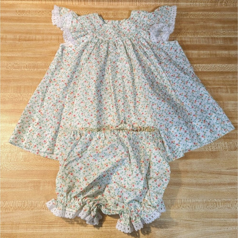 Vintage‎ Baby Dress & Bloomers With Lace & Floral / Leaf Print